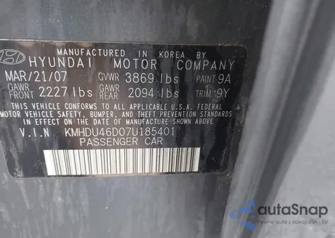 2007 Hyundai Elantra Gls/Limited/Se from USA, damaged, VIN KMHDU46D07U185401